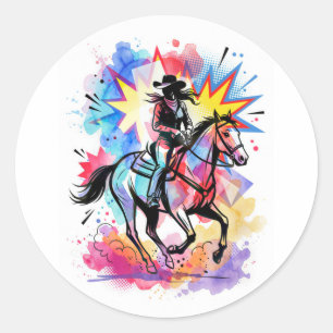 Colourful Cowgirl Horse Watercolor Pop Art Classic Round Sticker
