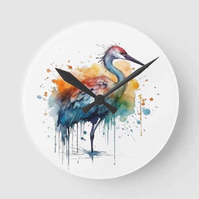 Colourful crane standing in the water  round clock (Front)