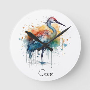 Colourful crane standing in the water round clock