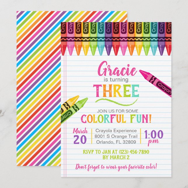 Colourful Crayon Girl Art Party Birthday Invitatio Invitation (Front/Back)