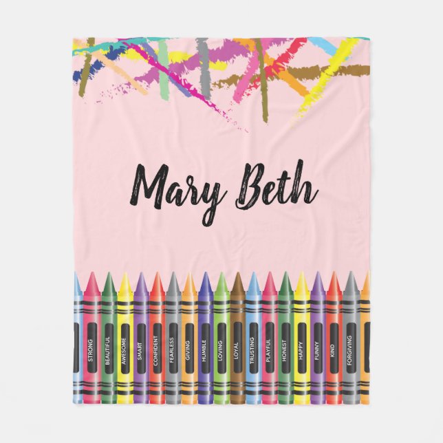 Colourful Crayon Name Pink Fleece Blanket (Front)