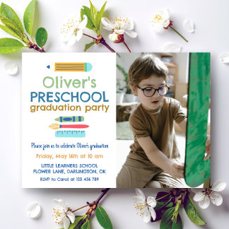 Colourful Crayon Photo Preschool Graduation Invitation