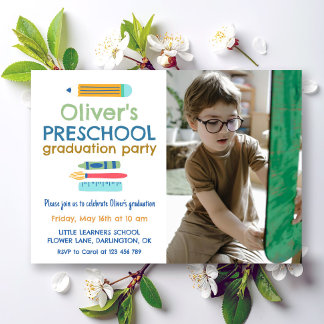 Colourful Crayon Photo Preschool Graduation Invitation