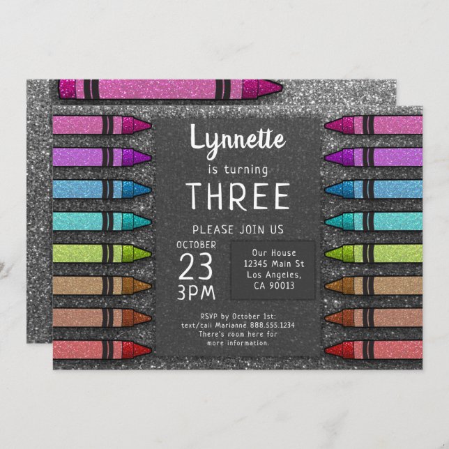 Colourful Crayon Rainbow Glitter Art First Birthda Invitation (Front/Back)