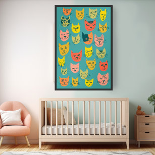 Colourful Crazy Cats Illustration Poster