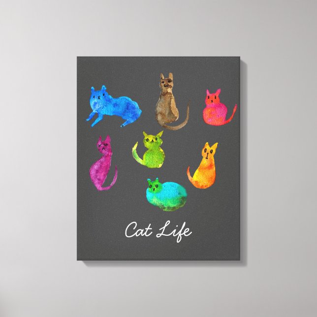 Colourful crazy cats in watercolor canvas print (Front)