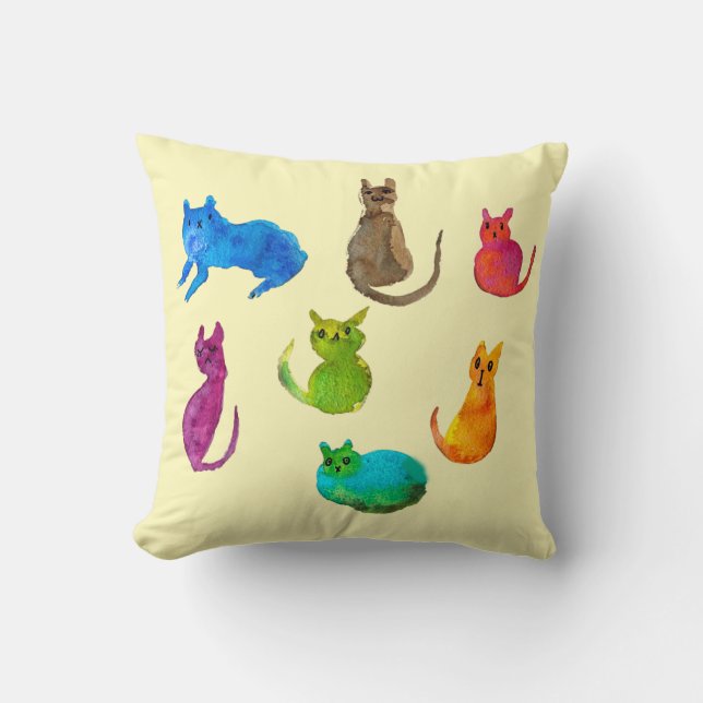 Colourful crazy cats in watercolor cushion (Front)