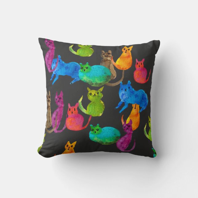 Colourful crazy cats in watercolor cushion (Front)