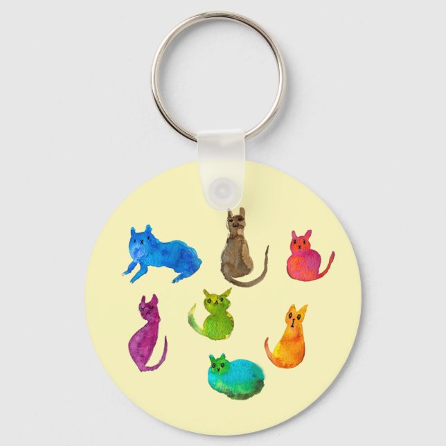 Colourful crazy cats in watercolor key ring (Front)