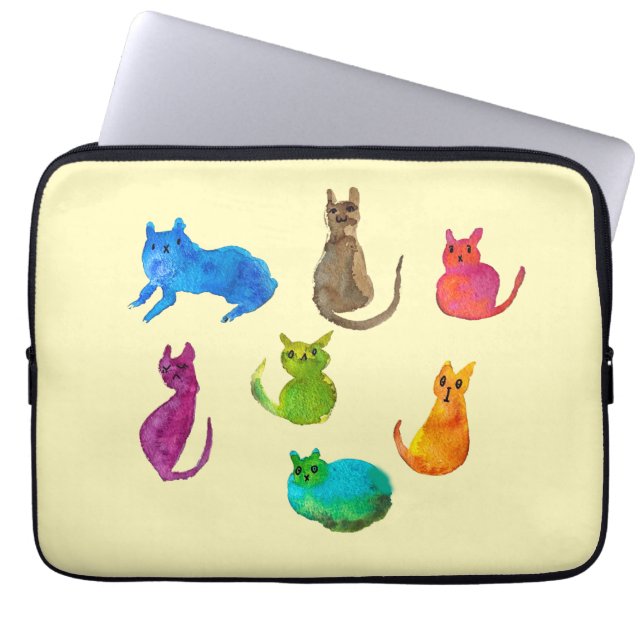 Colourful crazy cats in watercolor laptop sleeve (Front)