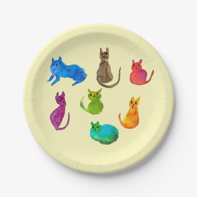 Colourful crazy cats in watercolor paper plate (Front)