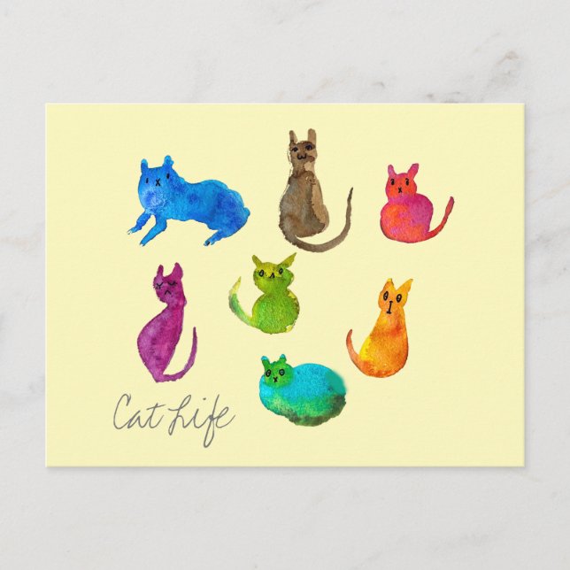 Colourful crazy cats in watercolor postcard (Front)