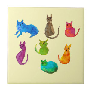 Colourful crazy cats in watercolor tile