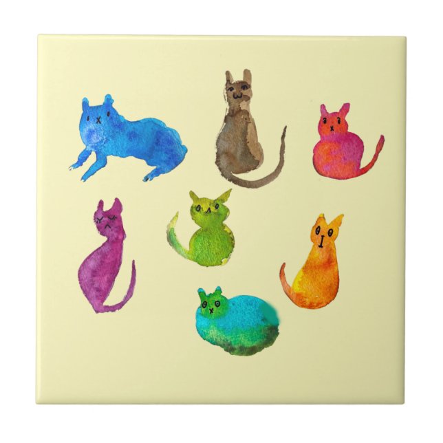Colourful crazy cats in watercolor tile (Front)