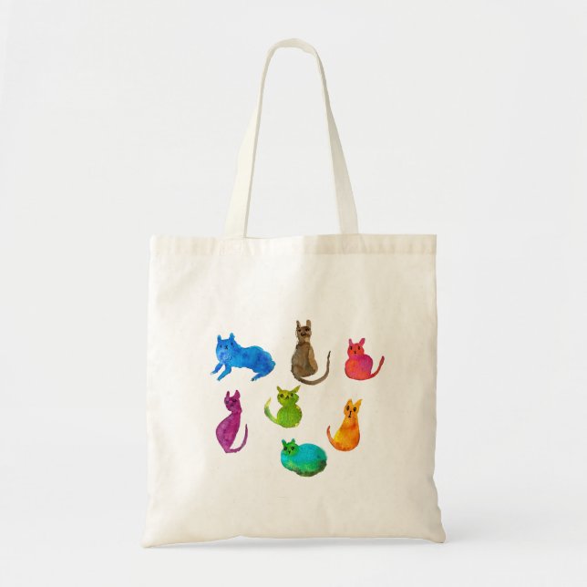 Colourful crazy cats in watercolor tote bag (Front)