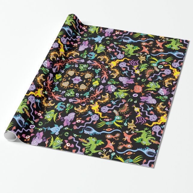 Colourful crazy monsters posing in a pattern wrapping paper (Unrolled)