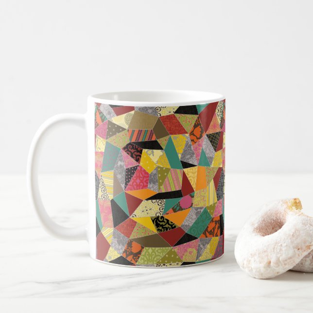 Colourful Crazy Quilt Patchwork Coffee Mug (With Donut)