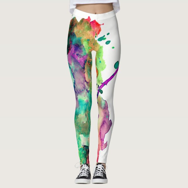 Colourful, Crazy, Trendy, Bold Abstract Watercolor Leggings (Front)