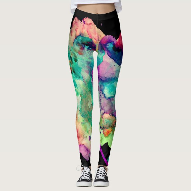 Colourful, Crazy, Unique Paint Splatter Rainbow Leggings (Front)