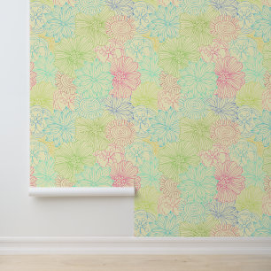 Colourful Cream Doodle Floral Pattern Wallpaper
