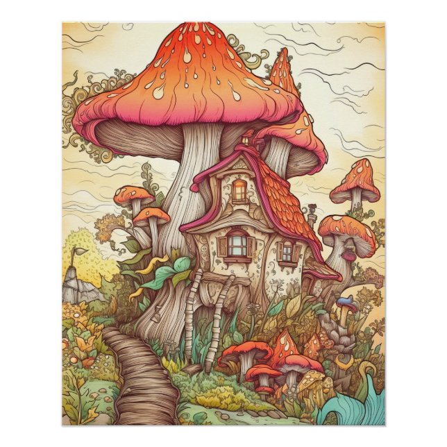 Colourful Creative Mushroom Dwelling Art Poster (Front)