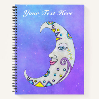 Colourful Crescent Moon Face Misty Purple Sky Notebook