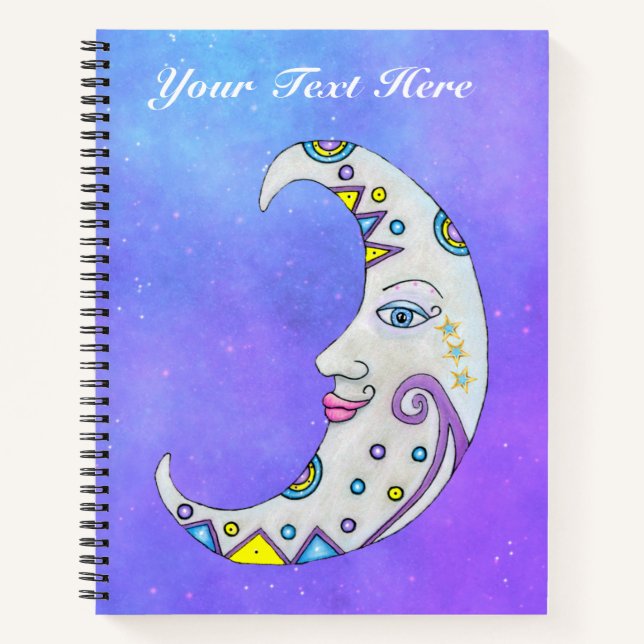 Colourful Crescent Moon Face Misty Purple Sky Notebook (Front)