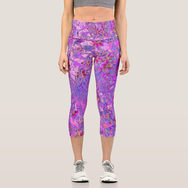Colourful Crimson, Magenta and Blue Wildflowers Capri Leggings (Front)