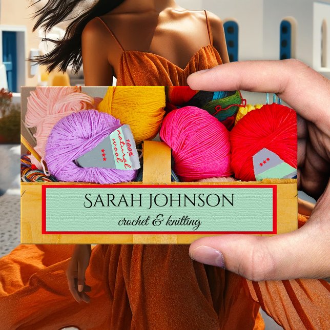 Colourful Crochet and Knitting Wool Business Card (Business card featuring a basket with wool in bright colors - artisan - handmade - knitted - maker)