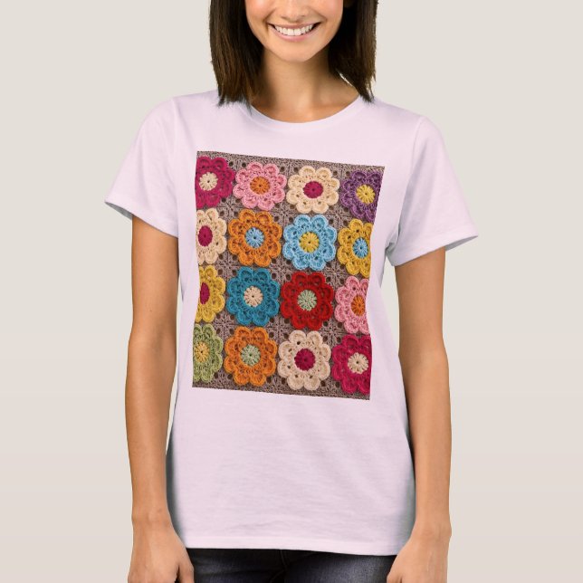 Colourful Crochet Flower Pattern – Handmade Granny T-Shirt (Front)