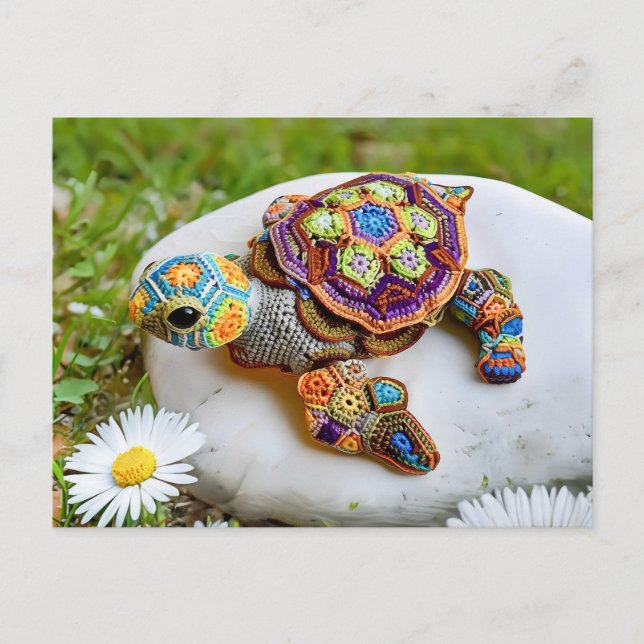 Colourful Crochet Turtle Made From Granny Squares Postcard (Front)