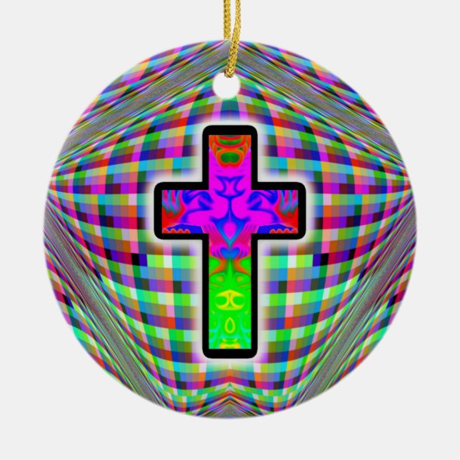 Colourful Cross on a Magic Background Ceramic Tree Decoration (Front)