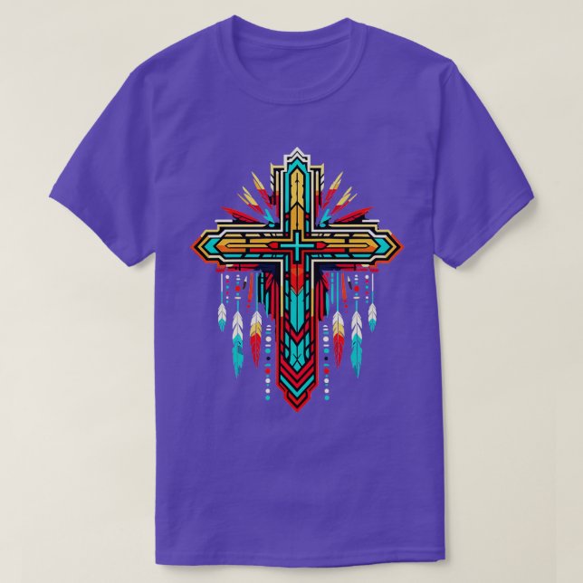 Colourful Cross with Feathers T-Shirt (Design Front)