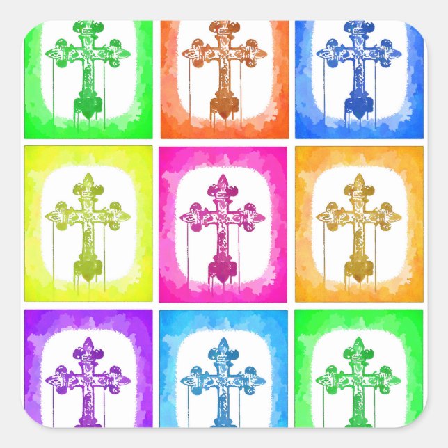 Colourful Crosses Christian Pop Art Square Sticker (Front)