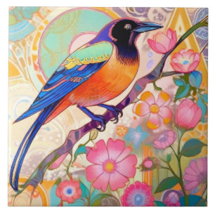 Colourful Crow Bird Rainbow Spring Flowers Floral Tile