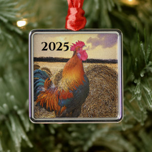 Colourful Crowing Rooster and Hay Bales Metal Tree Decoration