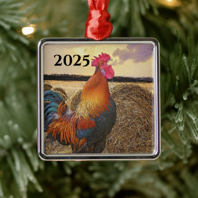 Colourful Crowing Rooster and Hay Bales Metal Tree Decoration (Tree)