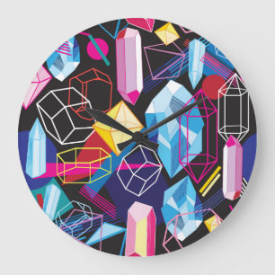 Colourful crystals, dark abstract background large clock