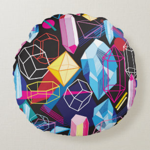 Colourful crystals, dark abstract background round cushion