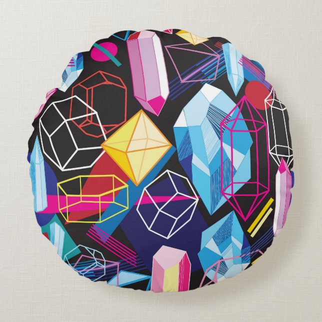 Colourful crystals, dark abstract background round cushion (Front)