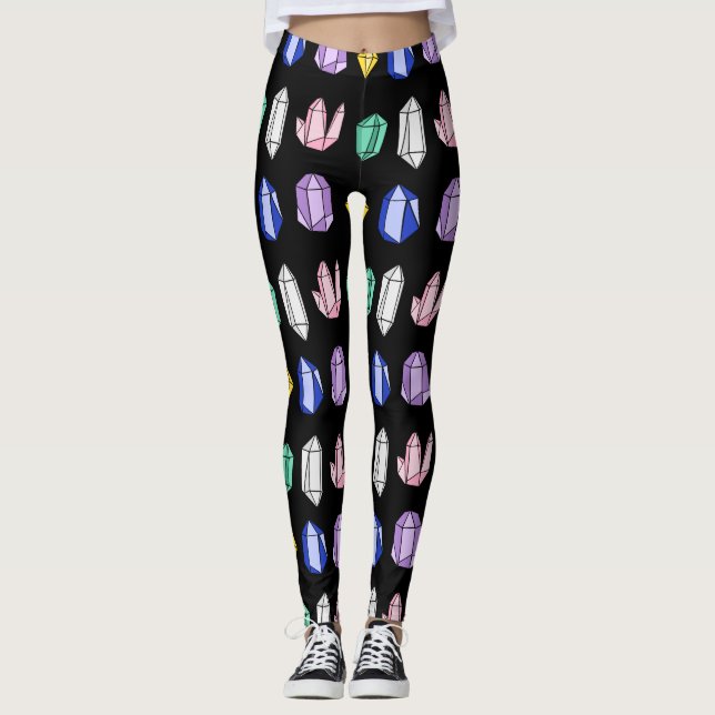 Colourful Crystals Pattern Black Leggings (Front)