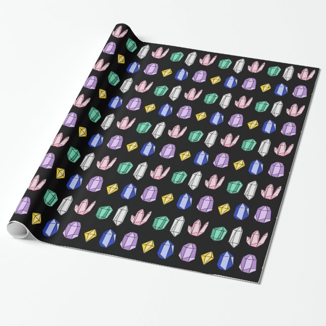 Colourful Crystals Pattern Black Wrapping Paper (Unrolled)
