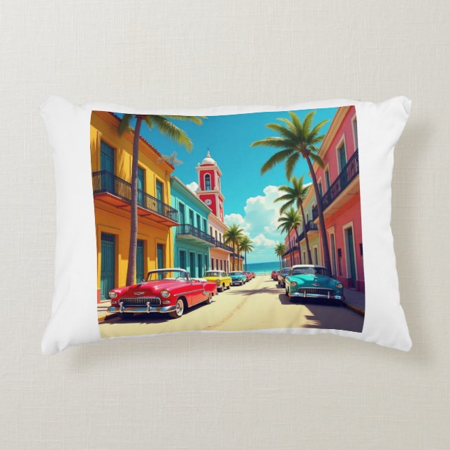 Colourful Cuban Street with Classic Cars  Decorative Cushion (Front)