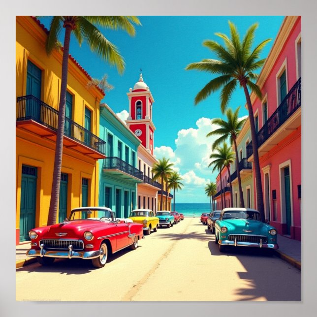Colourful Cuban Street with Classic Cars  Poster (Front)