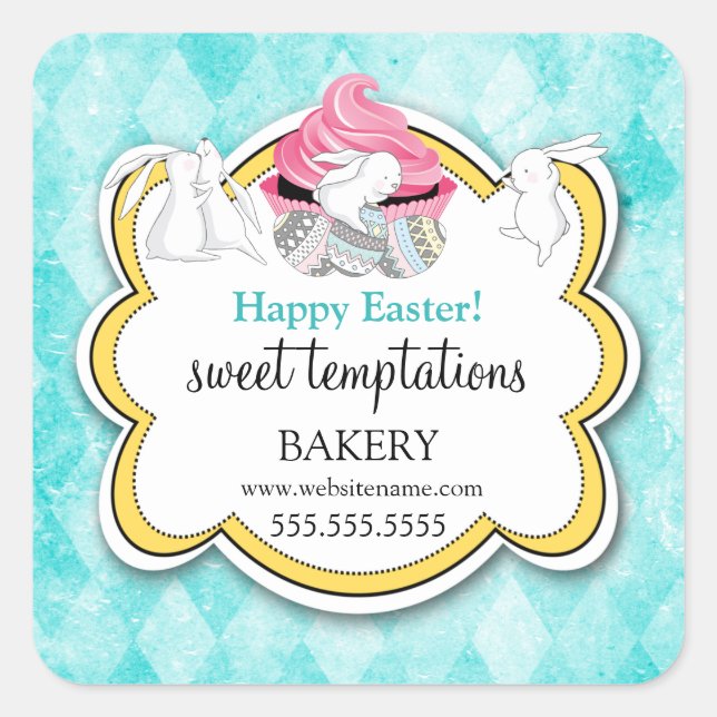 Colourful Cupcake Whimsical Easter Bunnies Square Sticker (Front)