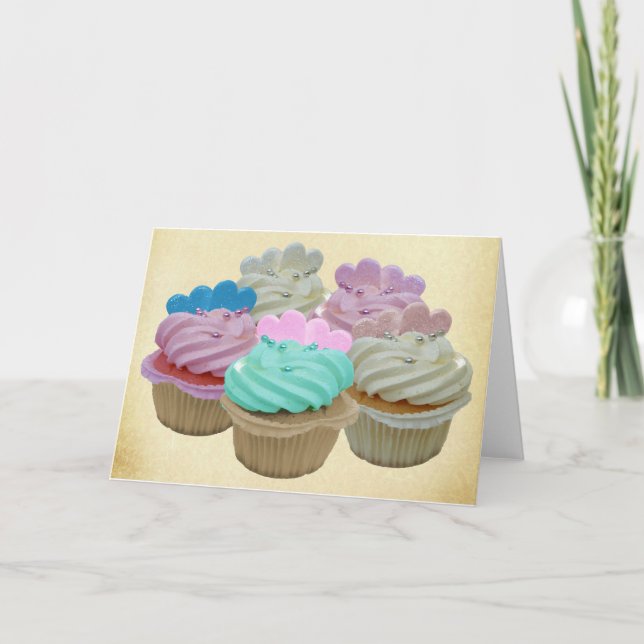 Colourful cupcakes and hearts card (Front)