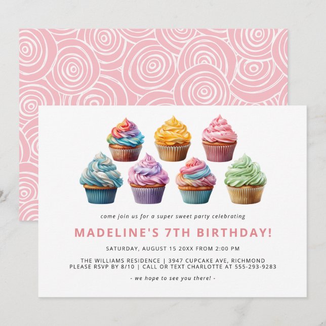 Colourful Cupcakes | Cute Kids Girls Birthday Part Invitation (Front/Back)