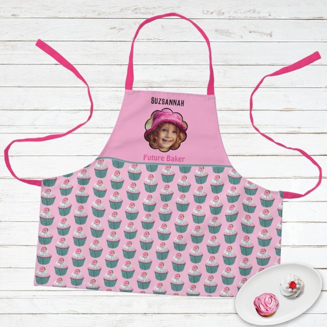 Colourful Cupcakes Scalloped Custom Photo  Apron (This cute custom photo kids apron is ready for personalization as a sweet gift. )