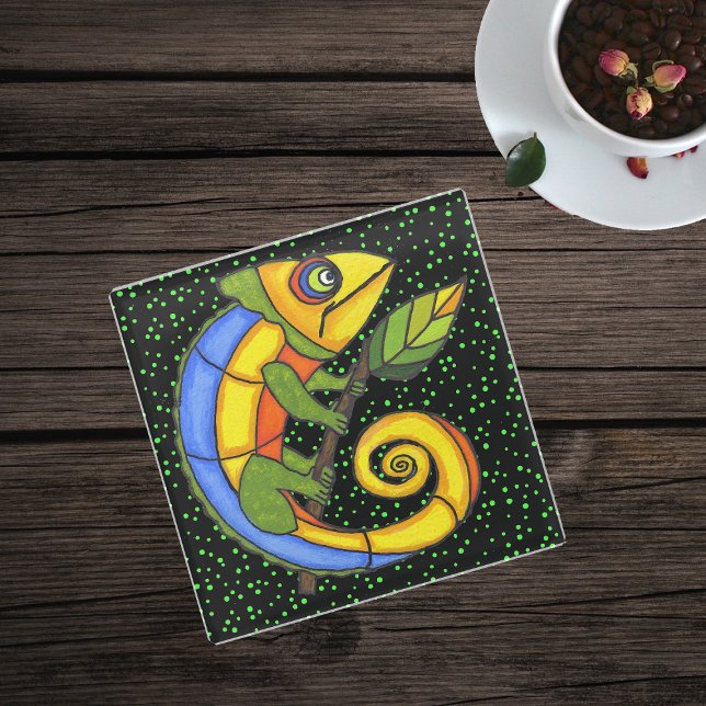 Colourful Curled Tailed Lizard Big Circle Eyes Glass Coaster (Colourful fantasy lizard on leaf green dots on black glass drink coaster.)