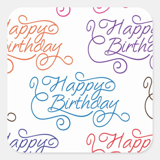 Colourful Cursive Happy Birthday Pattern Square Sticker (Front)
